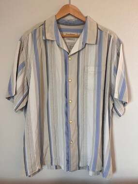 Tommy Bahama, Silk Blend, Blue Striped Short Sleeve Original Fit Button Up, Mens